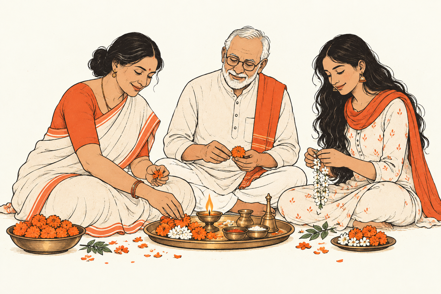 An Indian family preparing a puja thali