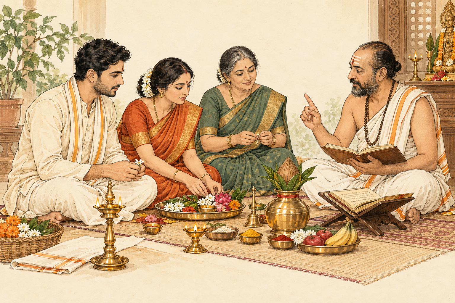 संकल्प के लिए सजाई गई पूजा सामग्री