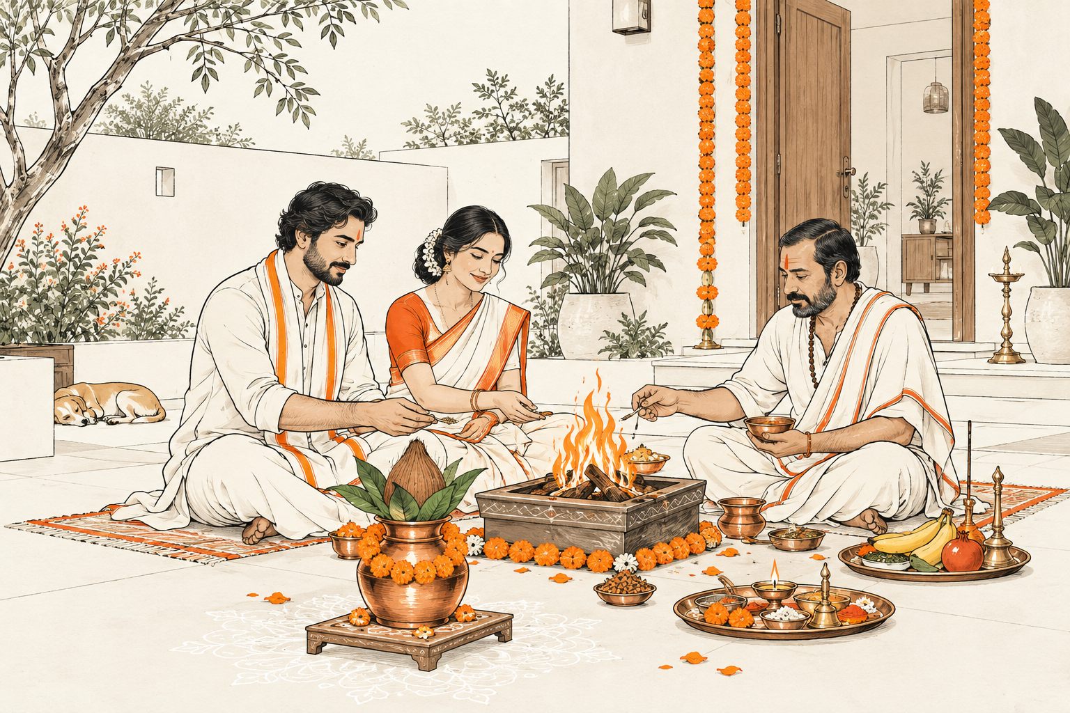 An illustrated Indian family preparing for a puja