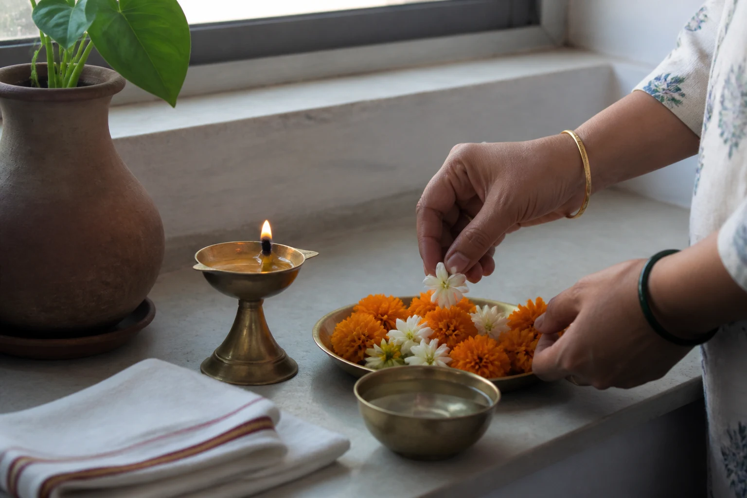 Hands arranging flowers beside a lit diya for a home prayer