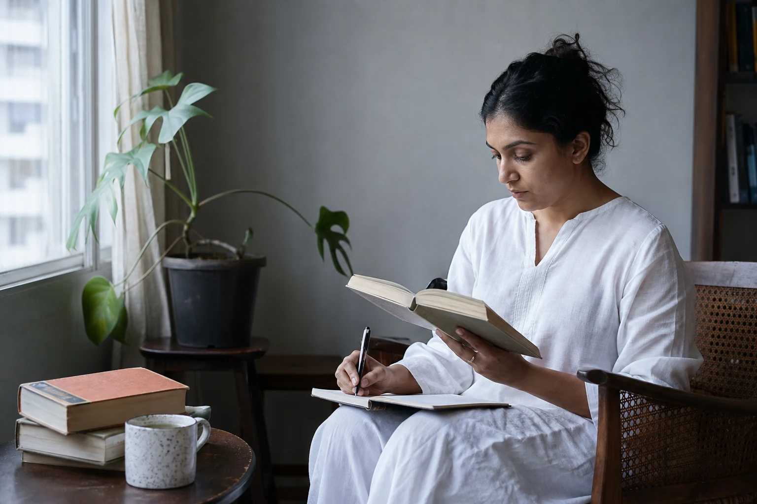 A reader making notes beside an open book in a quiet Indian home