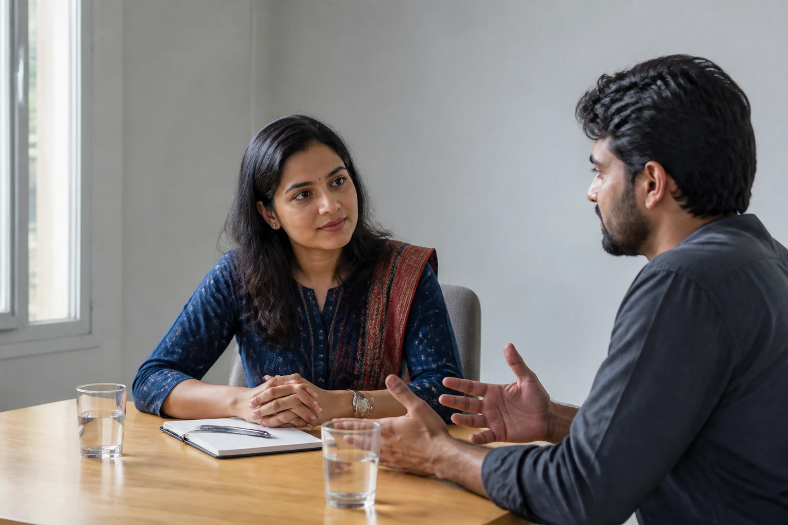 Two people having a calm support conversation across a table