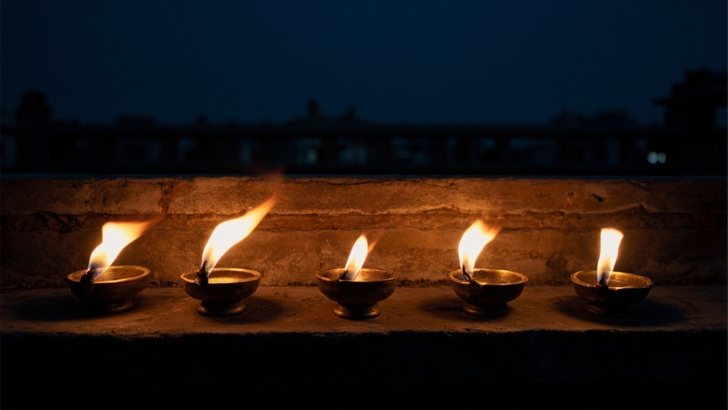 Illustration of lamps lit on a stone ledge