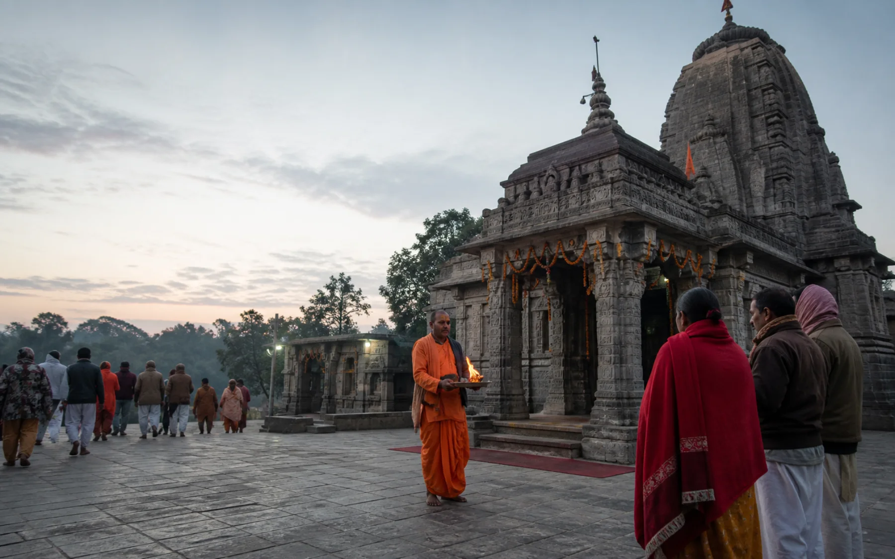 Pilgrims arriving at an Indian stone temple at dawn